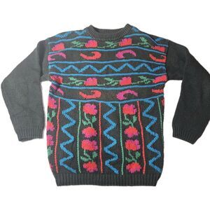 Vintage Rose 80s 90s Floral Knit Sweater Red Blue Green Size M Grandmacore